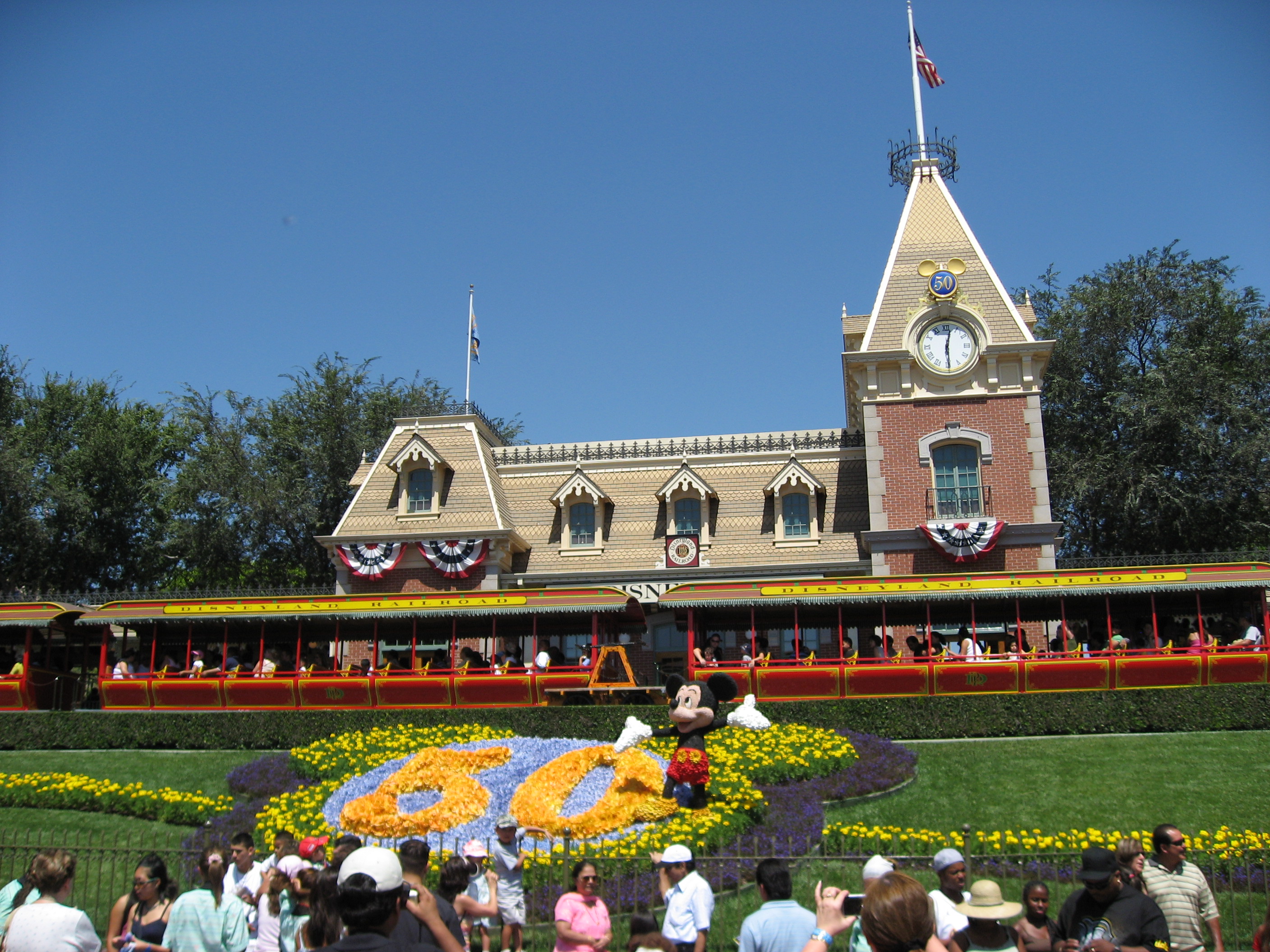 Main Street station at the Disneyland park entrance with its 50th anniversary decorations in September 2006